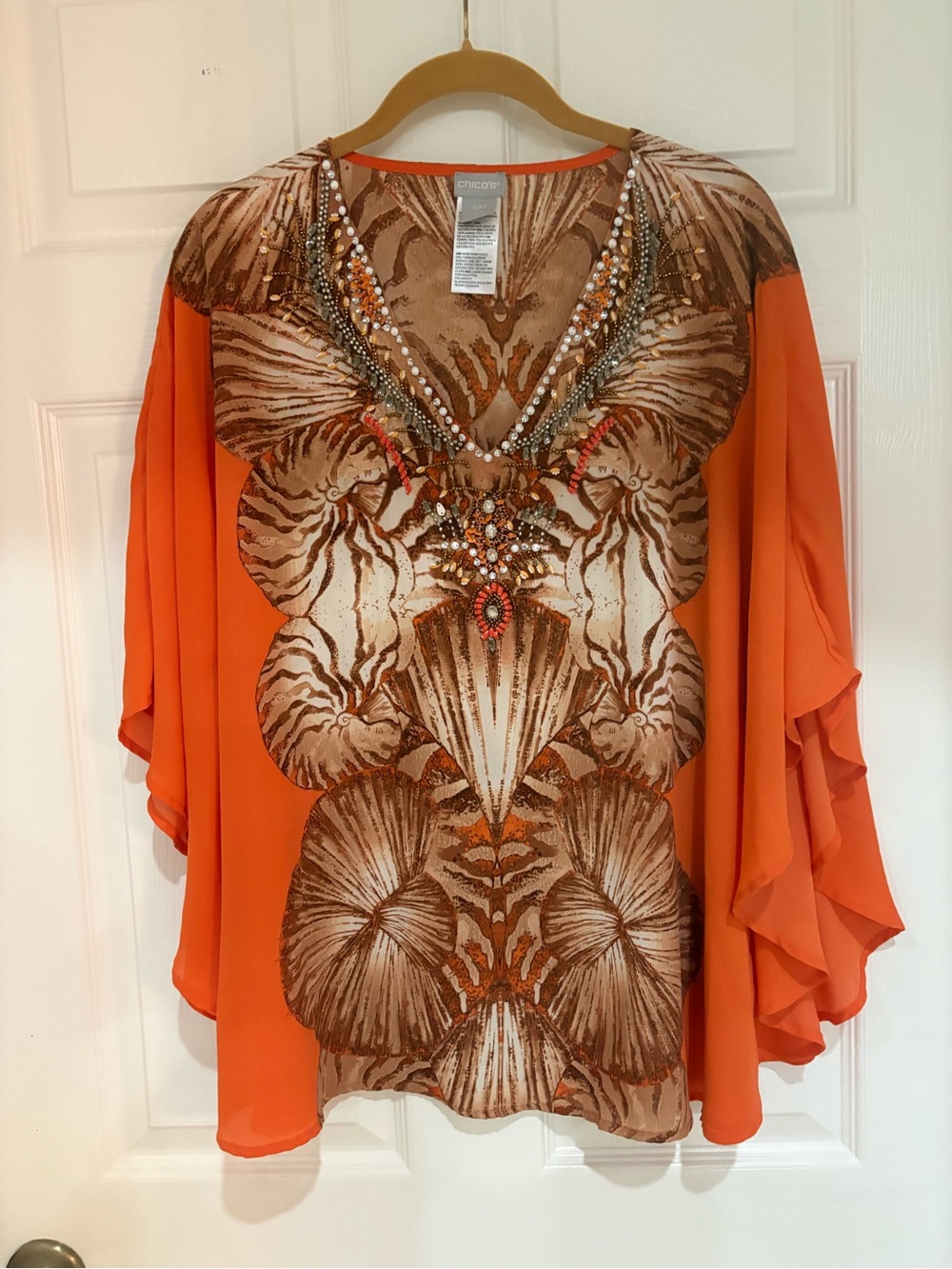 Chico’s Embellished Orange Beaded Poncho Tunic Top — Small/Medium